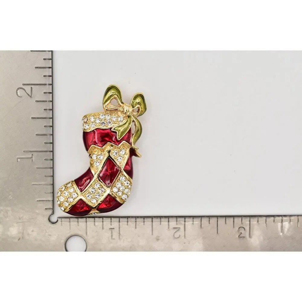 Monet Vintage Christmas Stocking Pin Brooch Red Enamel Bow Crystal Signed BinBG